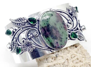 925 Sterling Silver Ruby Zoisite Gemstone Handmade Jewelry Cuff Bracelet S-ADJ - Picture 1 of 10