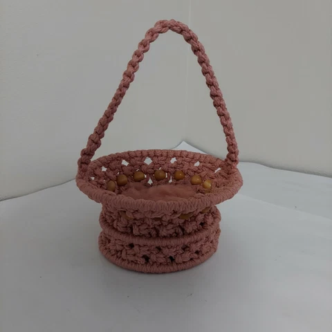 Vintage Macrame Basket with Wooden Beads Rose Colored Cover
