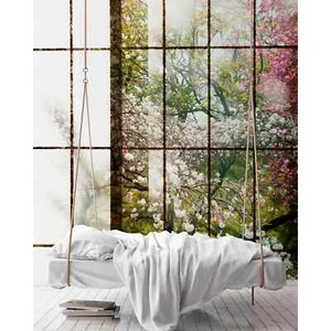 Fototapete Fenster Kirschbäume grün rosa Premium Vlies Digitaldruck (23,10€/1qm) - Bild 1 von 3