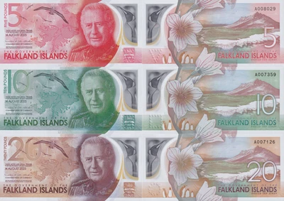 Falkland Islands 5 10 20 Pounds 2025 P NEW Polymer UNC Set 3 pcs - Image 1 of 3