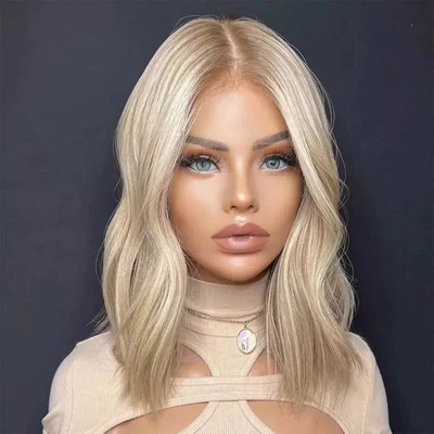 Balayage Platinum ash Blonde wave 13X4 Lace Front 100% Human Hair Wig Brown Root - Image 1 of 4