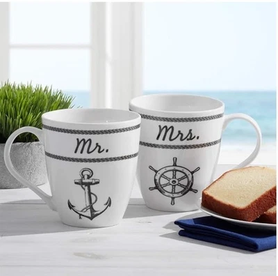 Pfaltzgraff Nautical Coffee Mug His Hers Set of 2 Mr. & Mrs. Anchor Ship's Wheel - Image 1 of 4