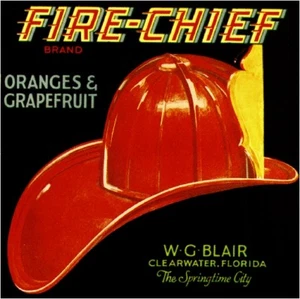 Clearwater Florida Fire-Chief Fireman Hat Orange Fruit Crate Label Print - Picture 1 of 1