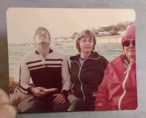 Vintage 1980s Found Photo Family Sailing Sailboat Man Woman Elderly Woman - Picture 1 of 4