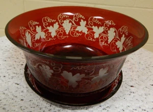 Egermann Bohemian Etched Ruby Red Cut To Clear Grape & Vine Bowl Under & Plate - Picture 1 of 9