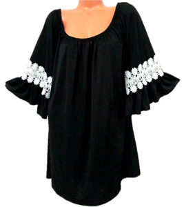 Win win black white floral crochet bell sleeves scoop neck tunic top 2X/3X