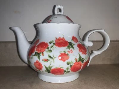 Floral Teapot Red Roses 9" Vintage Porcelain/Ceramic - Image 1 of 4