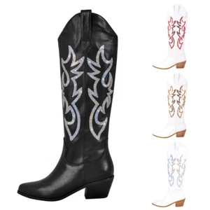 Onlymaker Womens Fashion Sequins Embroidery Tapered Heel Western Knee High Boots - Picture 1 of 32