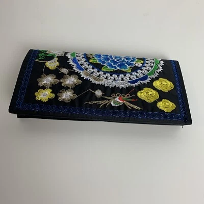 Женский длинный бумажник с вышивкой с цветочным узором других производителей черный синий подержанный - Изображение 1 из 2