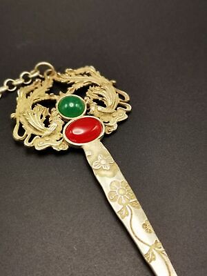 Chinese Royal Collection Carved Miao Silver Noble Phoeni Inlay Jade Hairpin A38 • 0.07£