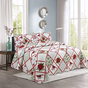 Embossed Printed Bedspread Coverlet Christmas Quilt Set Cardinal Poinsettia Twin - Picture 1 of 8