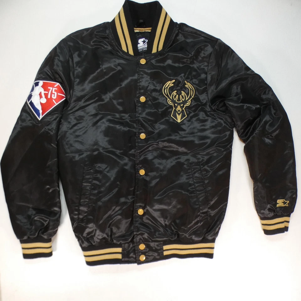 Куртка мужская Milwaukee Bucks атласная стартовая маленькая черная этикетка баскетбол НБА 75-е - Изображение 1 из 4