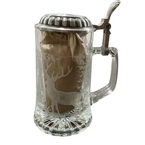 Domex | Papa Ätzdeckel Glas mit Elch Hirsch & Bäumen Bierstein Krug Scharnier Zinn - Bild 1 von 8