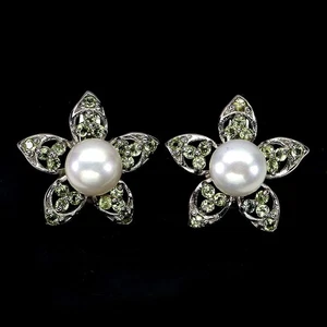 925 Sterling Silver Earrings Round Peridot Pearl Natural Gemstone Jewelry - Picture 1 of 13