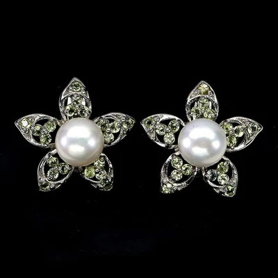925 Sterling Silver Earrings Round Peridot Pearl Natural Gemstone Jewelry - Image 1 of 4