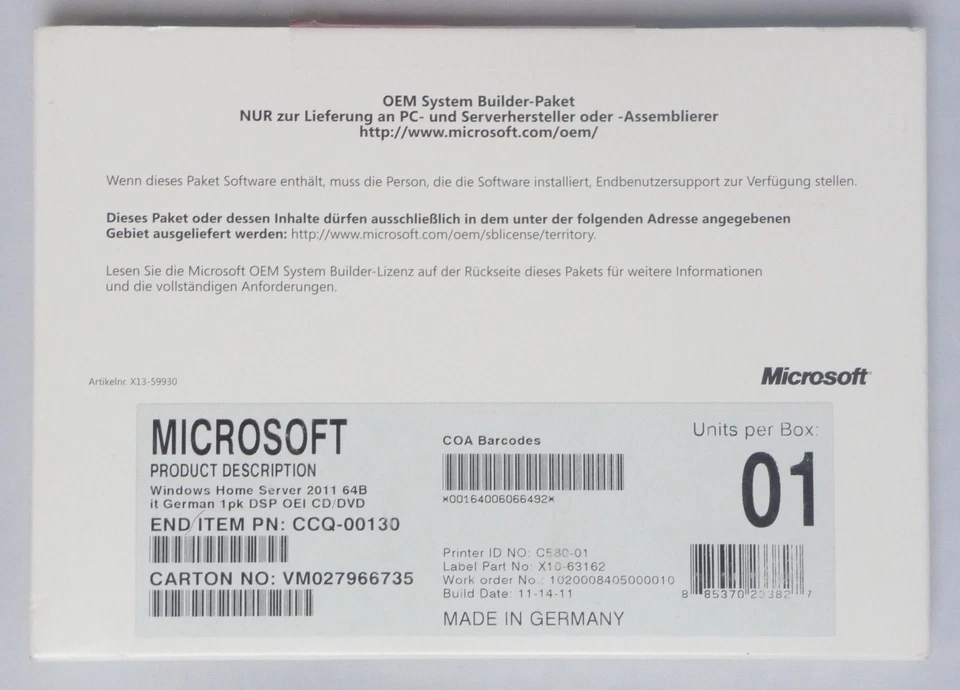 Microsoft Windows Home Server 2011 inkl. 10 CAL - Vollversion - Deutsch -NEU- - Bild 1 von 1