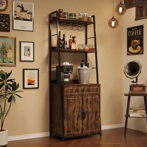 3 Tier Bakers Rack With Cabinet,Stand Rack With Drawer Freestanding Wine Cabinet - Picture 1 of 10