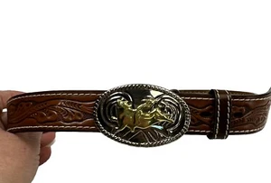 Nocona Belt Co Tooled Leather Western Youth Kids Belt & Buckle Size 28 Cowboy - Picture 1 of 9