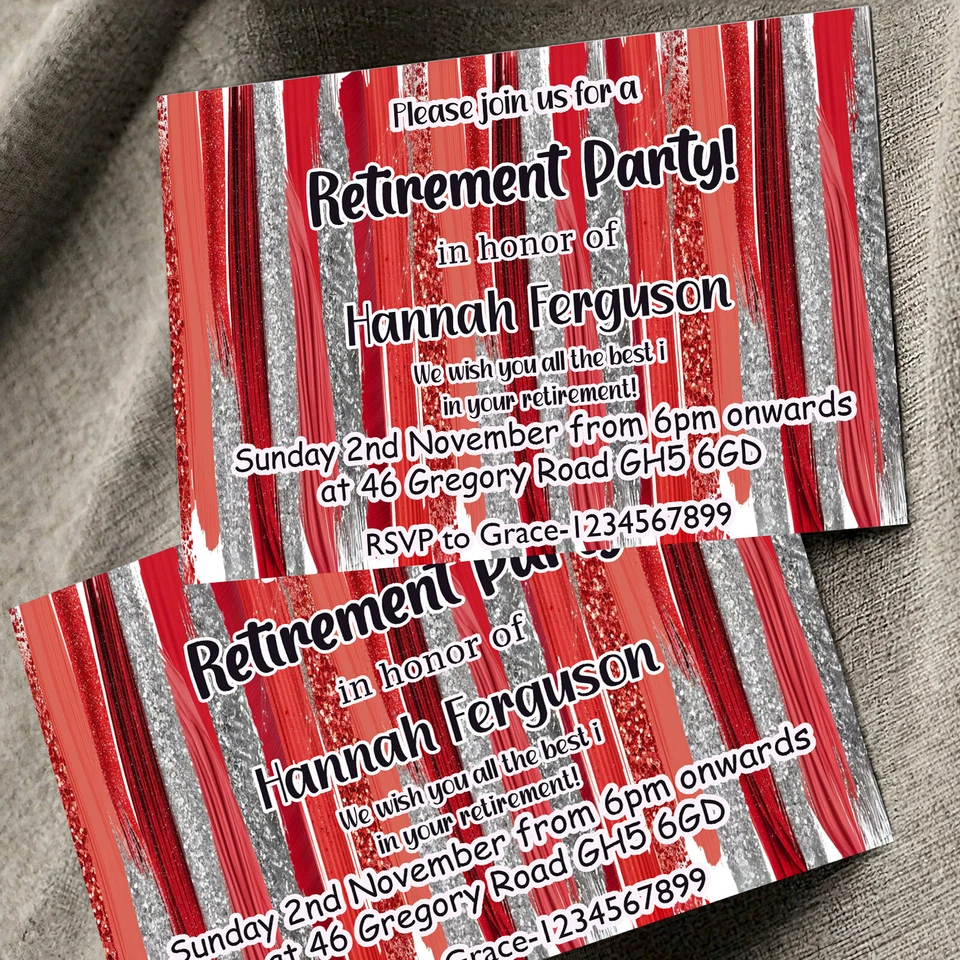 10 Personalised Retirement Party Invites, Red Gold Silver Surprise Party Invites - Image 1 of 4