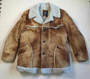 VTG Cooper Jacket Mens 46 Camel Brown Suede Leather Rancher 70s Sherpa - Picture 1 of 15
