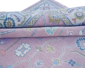 Modern Oushak Hand Knotted Rug 9x12 Soft Pink 100% Wool Floral Carpets for Home - Picture 1 of 10