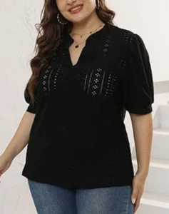 Klpohv Women's V-Neck Puff Short Sleeve Hollow Eyelet Top Plus Size 3X - Picture 1 of 1