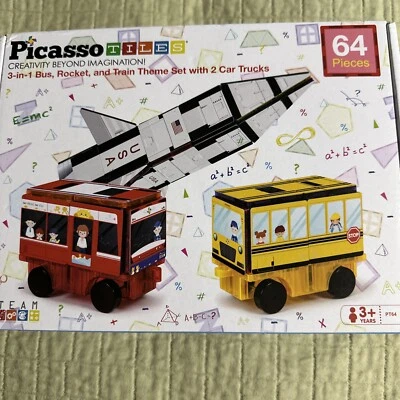 PicassoTiles PT64 School Bus Rocket Train Transportation Set 64 Piece - Image 1 of 2