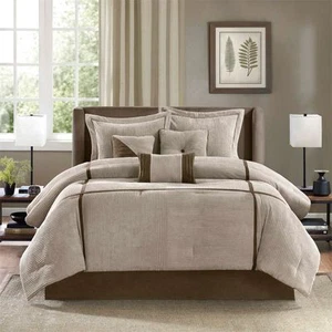 BEAUTIFUL ULTRA SOFT MODERN BEIGE BROWN TAN CORDUROY TAUPE STRIPE COMFORTER SET - Picture 1 of 4