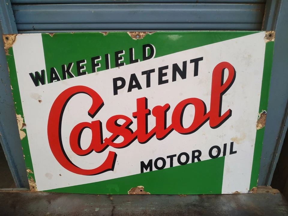VINTAGE ORIGINAL CASTROL MOTOR OIL WAKEFIELD PATENT PORCELAIN ENAMEL AD SIGN # - Image 1 of 4
