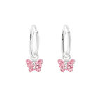 925 Sterling Silver Crystal Rose Pink Butterfly Sleeper Hoop Earrings Kids  
