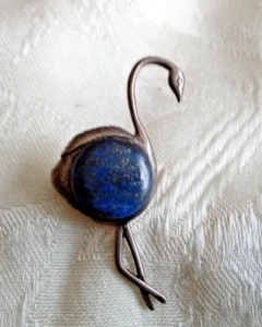 Vintage Sterling 925 Silver CRANE Pin Lapis Lazuli Brooch 2 inches Tall RARE - Picture 1 of 4