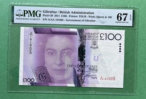 GIBRALTAR 2011 100 LIBRAS £100 P39 QEII EXCELENTE GEMA SIN CIRCULAR PMG 67 EPQ PREFIJO A/AA1 - Imagen 1 de 2