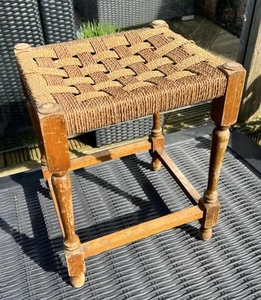 Retro Solid Wooden Stool Vintage Shabby Chic Turned Rush Rope Top Foot Rest - Picture 1 of 8