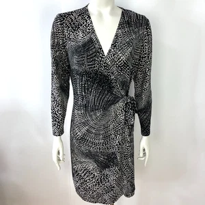 BCBG Maxazria Large Faux Wrap V-Neck Above Knee Dress Black Ivory - Picture 1 of 14