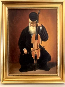 Cello Player framed signed oil painting on canvas - Picture 1 of 8