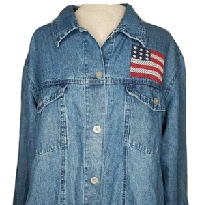 Chaqueta de jean Denim & Co para mujer Plus 1X azul 100 % algodón bordado bandera de EE. UU. - Imagen 1 de 8