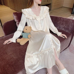 Lady Satin Ruffle Sleepwear Pajama Dress Princess Cute Flared Sleeve Nightgown - Picture 1 of 11