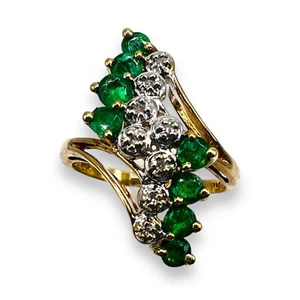 Natural Green Emerald Round Cut 10k Yellow Gold Cluster Bypass Diamond Ring 6 - Picture 1 of 10