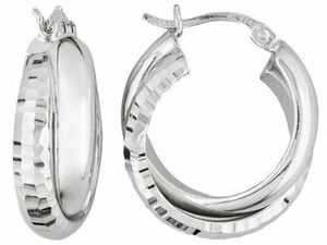 Pendientes de aro de plata de ley enchapados en rodio de doble tubo corte diamante pulido - Imagen 1 de 3