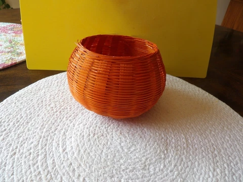 Vintage Small 5"X3" Handmade Woven Round Basket Fall Decoration Orange Color Cover