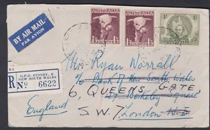 1948 3'6 Total Australia 2 x 1'3 Bull GPO SYDNEY Registered Air Mail Cover to GB - Picture 1 of 4