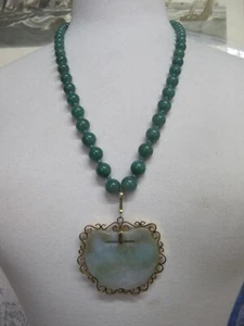 CHINESE Jade Quartz LONGEVITY & WEALTH Gold Filled Pendant Beaded Necklace - Picture 1 of 8