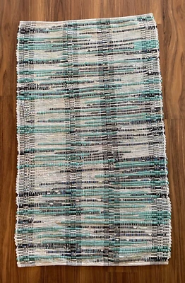 Vintage Handmade Rag Rug 46x27 Farmhouse Country Turquoise Gray Blue Green White - Image 1 of 4