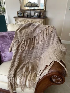 Soft Acrylic Chevron Design Beige Hand Tied Fringe Blanket Throw - Picture 1 of 5