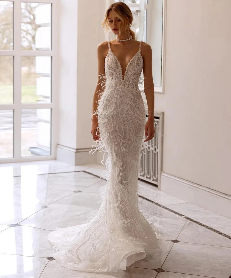 Spaghetti Straps Mermaid Wedding Dresses Beaded Feathers Backless Bridal Gowns - Image 1 of 4
