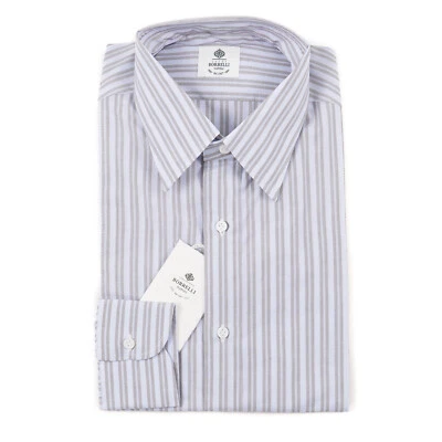 Luigi Borrelli Napoli Sky Blue and Cocoa Striped Cotton Dress Shirt 15.5 NWT - Image 1 of 4