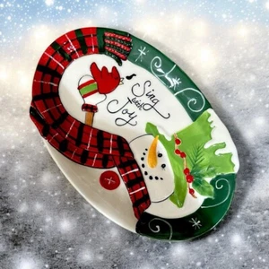 Muñeco de nieve sombrero de acebo FITZ & FLOYD 2013 - Canta con alegría - Bandeja de sentimiento de Navidad - Imagen 1 de 10