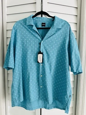 NWT HUGO BOSS Men's Short Sleeve Button Blue Patterned Cotton Linen Shirt XL  - Image 1 of 4