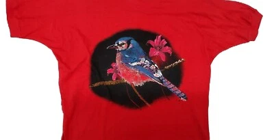 80s RED Top T-Shirt Blue Bird Clovelly NEW WAVE Size M Cotton Shoulder Pads - Image 1 of 4