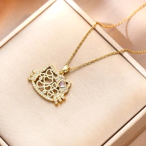 Titanium Gold Love Heart Hello Kitty Cat Pave CZ Pendant Chain Necklace - Picture 1 of 2